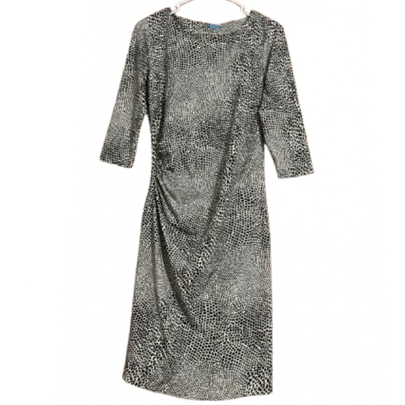 J.McLaughlin Women Ruched Black & Cream Animal Print 3/4 Sleeve Midi Dress Sz-XS